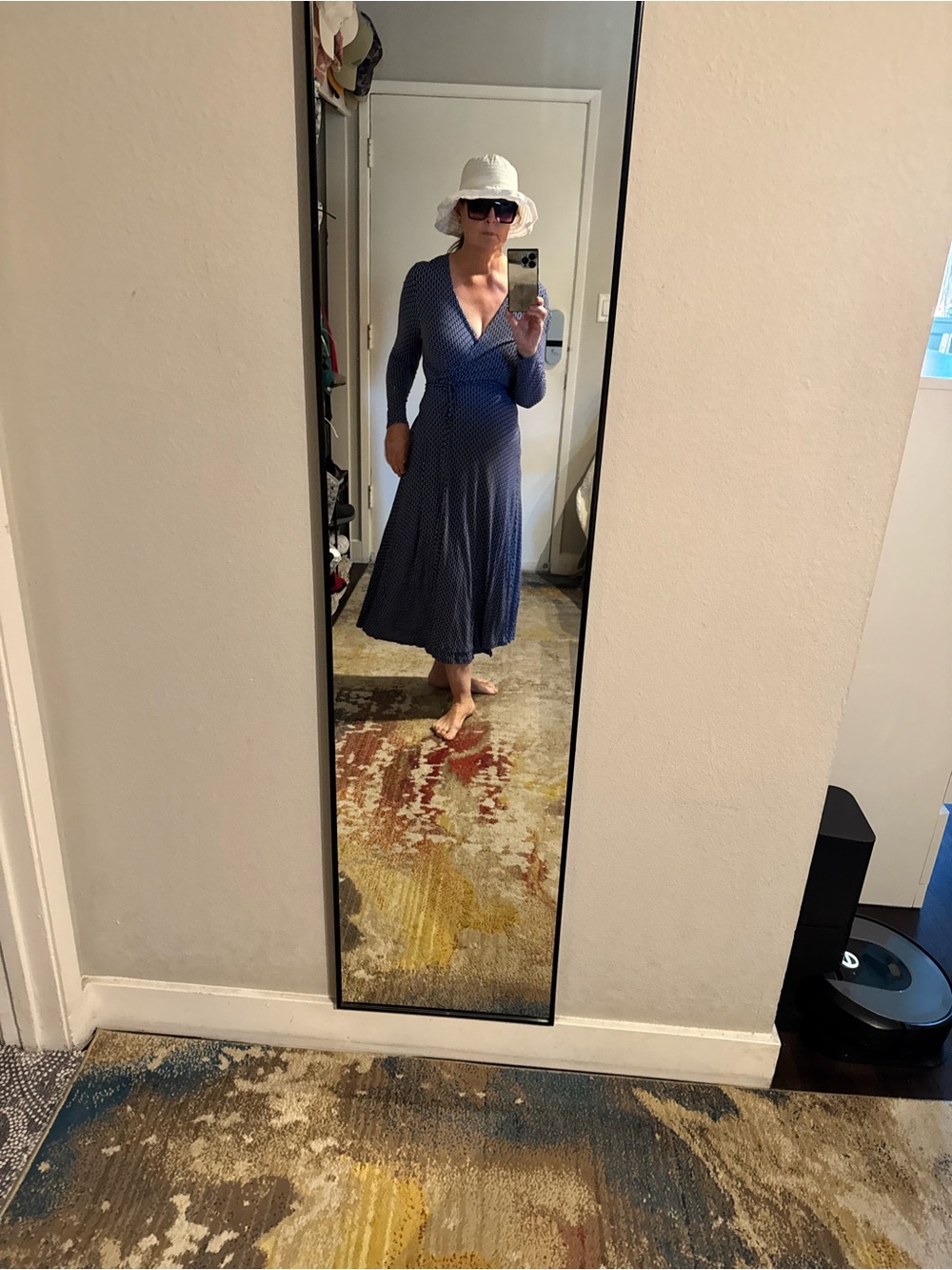 Women's Blue Geometric Open-Front Long Robe